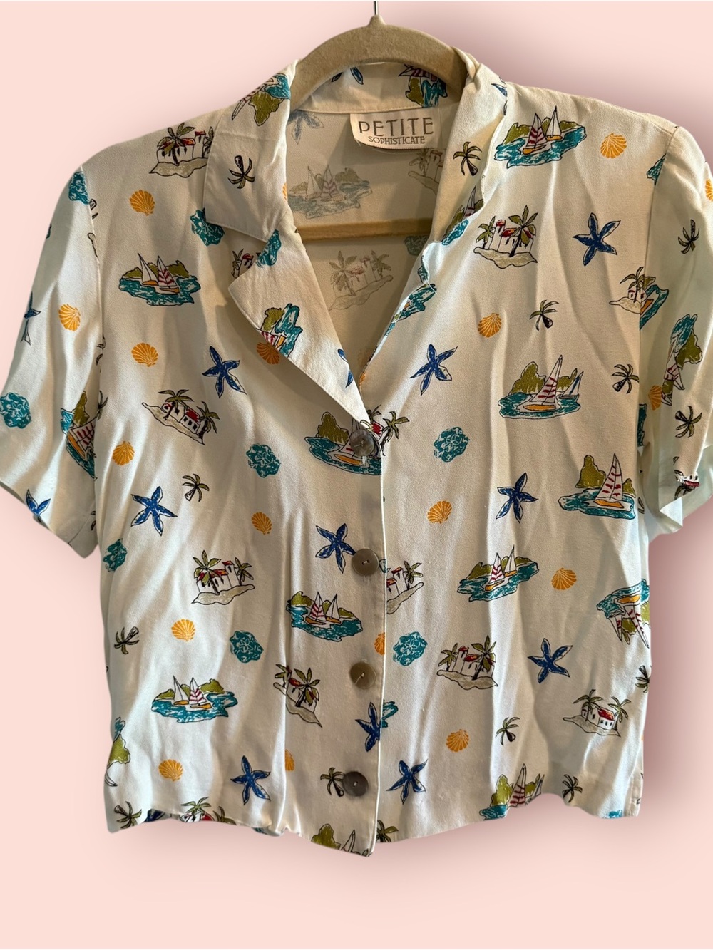 Vintage Petite Sophisticate Tropical Island Sailboat Rayon Blouse